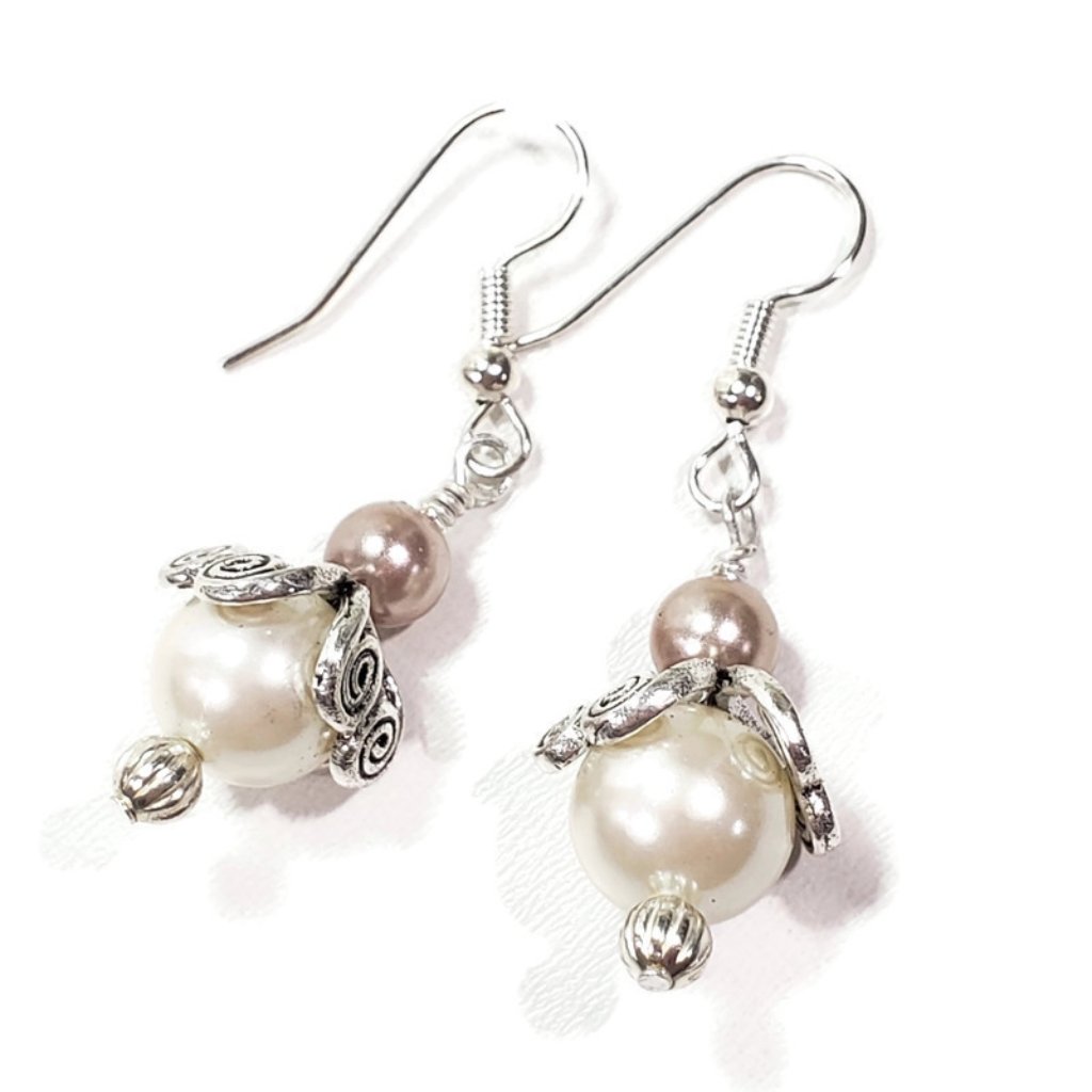 White And Rose Pearl Dangle Earrings